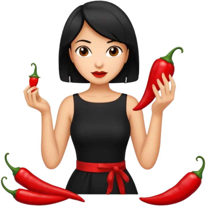 black short shoulder length hair tanned woman, black dress cooking, holding chili pepper emoji