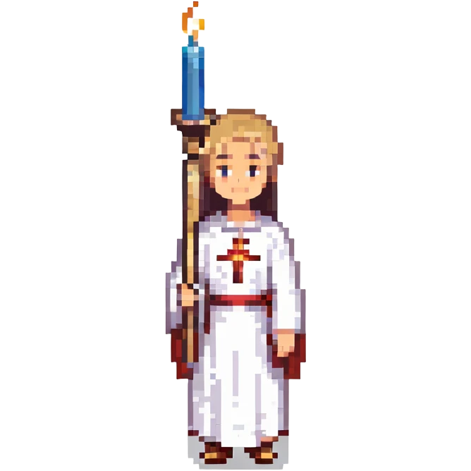 An altar server facing forward, holding a candle emoji