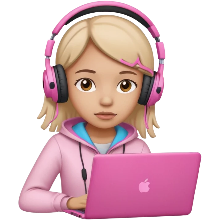 a girl with a pink laptop with headphones, color outline icon style, looking sad emoji