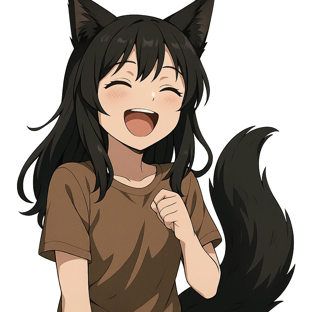 A girl with black fox ears and a tail, green eyes, dark hair, laughing emoji