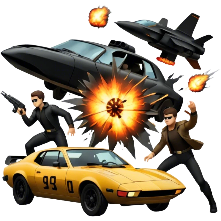 Photorealistic Icon for Action Movies: Dynamic collage of iconic action movie scenes featuring explosions, fast cars, combat, and weapons. Include silhouettes of famous action heroes, dramatic lighting, and a sense of high-octane energy. Transparent background. emoji