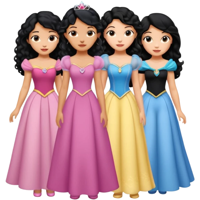 Haz algo relaciono con Disney donde haya quatre chicas con el tono de piel carne, una con el pelo rizado largo, una con el pelo muy corto negro, una con el cabello ondulado mediano y la otra con el pelo negro largo emoji
