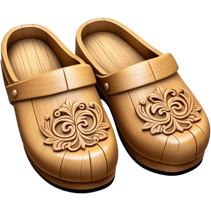 Cinematic Realistic Wooden Clogs Emoji, depicted as a pair of traditionally carved weathered wooden clogs with intricate details and rustic charm, rendered with rich textures and warm natural lighting that captures their cultural heritage. emoji