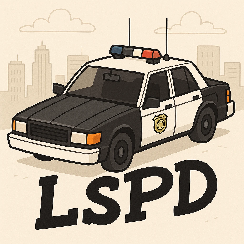 Make the police car black and white, add a city background, and add the caption 'LSPD' in a cartoon style. emoji