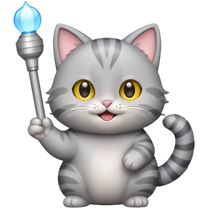 chibi cute gray cat waving holding a light stick emoji