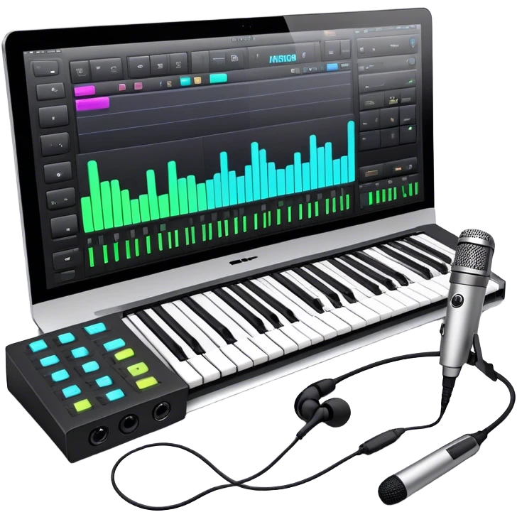Create a professional and artistic emoji that represents writing music tracks. The design should feature a digital audio workstation (DAW) screen with visible waveforms, a MIDI keyboard, and a high-quality microphone to symbolize the tools used in music production. Add elements like studio headphones and an audio interface to reflect the technical aspects of creating a track. Use sleek, modern colors like silver, black, and neon accents to convey the professional environment of music composition. The background should be transparent. emoji