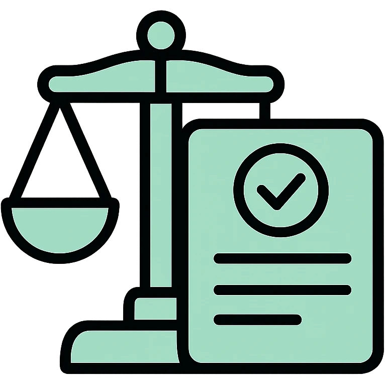 Administrative responsibility with scales of justice and document, fluid dimensional design, techy style, black outlines with mint green #B5F4D3 fills emoji