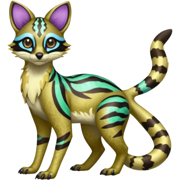 Rare realistic neon-colored iridescent shiny warm-colored lush tropical exotic cute epic pretty beautiful handsome gorgeous aesthetic colorful vibrant Vernid-Protogen-Primagen-Wickerbeast-Genet-Trico-species-Fakemon-hybrid-creature by LiLaiRa, beautiful intricate markings, full body emoji