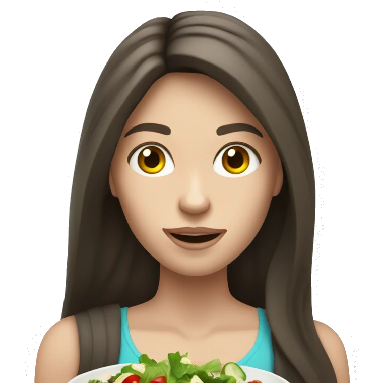 Muscle long hair brunette girl with pale skin eating salad emoji