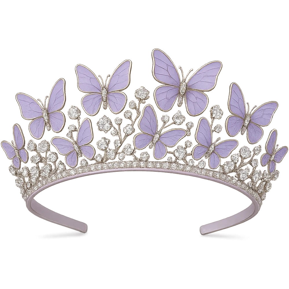 butterfly crown with a pale lilac base, butterflies in soft purple enamel, sparkling gems emoji