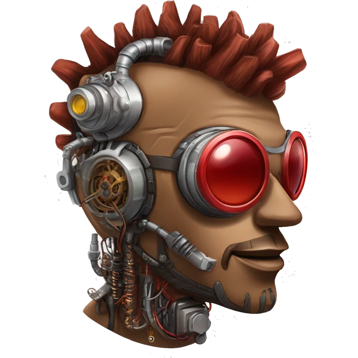 Brown cyborg head with red Mohawk, red beard. silver steampunk monocle goggles a smile and circuits emoji