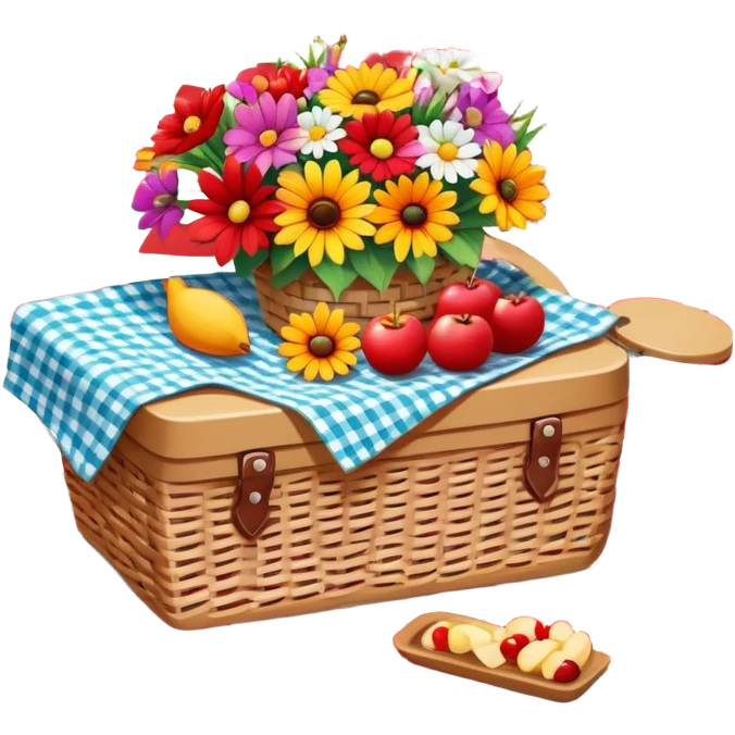 colorful bouquet of flowers on a red and white checkered picnic blanket with small picnic basket nearby emoji