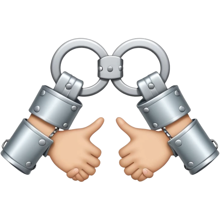An emoji of two hands cuffed behind the back with metallic handcuffs. The wrists are slightly tilted inward, showing restraint. The handcuffs have a reflective silver surface, symbolizing arrest, punishment, or law enforcement. Simple, cartoon-style design emoji
