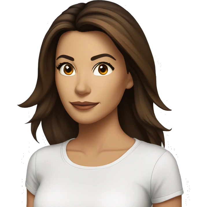 3/4 face, contrasted, shadow, light, Eva Longoria expression, standing from a distance, thin nose, brunette woman, hazel eyes, long eyelashes, dark shoulder shaded hair, white t-shirt, jeans, white sneakers emoji
