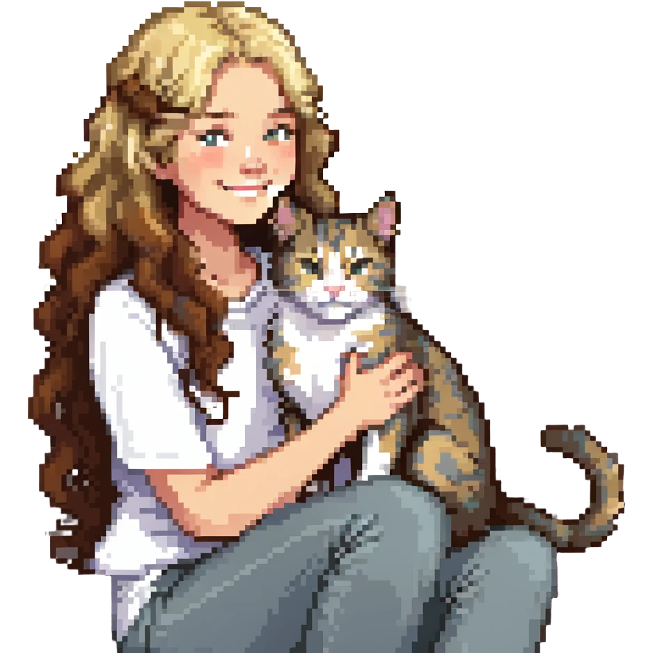 Remix: Beautiful girl with long curly brown hair, inspired by the reference, petting a gray and blonde mixed cat, pixel art style, girl smiling, cat on her lap emoji
