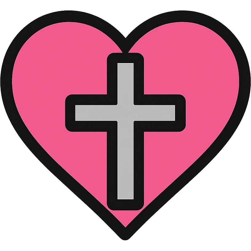 gothic heart with a silver cross, color icon filled style, pink and black emoji