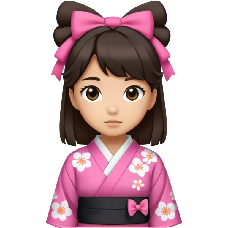 A girl wearing cute Japanese clothes, her hair is black and brown, her eyes are black, her skin is tanned, and she looks very cute, and she is wearing a hair bow on one side emoji