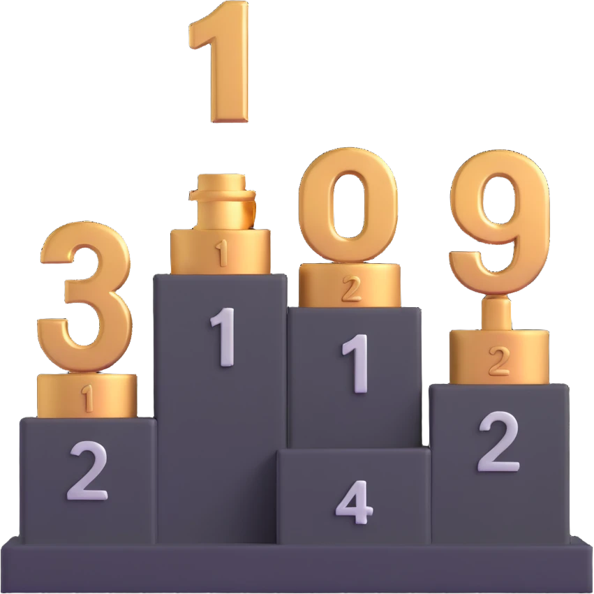 podium with gold 1st, silver 2nd, bronze 3rd positions and large numbers emoji