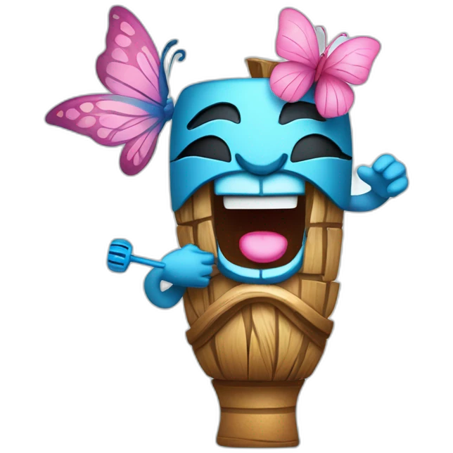 Cartoon Blue and pink tiki singing with butterfly and in the mikrophone emoji