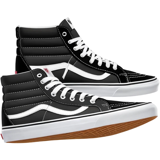 Pair of black Vans Sk8-Hi sneakers clearly arranged with one directly behind the other, high-top skate shoes with white jazz stripe, black canvas upper, white stitching, white rubber sole emoji