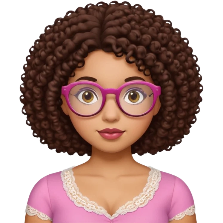 medium-light kinned afro-latina girl with medium length chocolate brown side part curly hair, brown glasses, brown eyes, pink sweetheart necklined top with lace, round wide-ish nose, chubby oblong face emoji