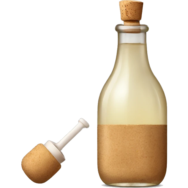 bottle of vinegar with the cork and a nozzle; spoon is laying neat the bottle emoji