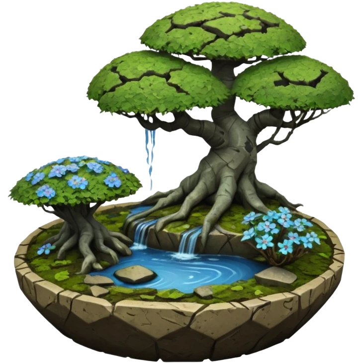 Alien saucer jungle-vines mountain-island landscape antique mudman very old broken cracked intricate Stone Age rocky-crusted irregular dodecagon-shaped shallow dark moss rough bark blue serissa flowered maple tree bonsai pot emoji