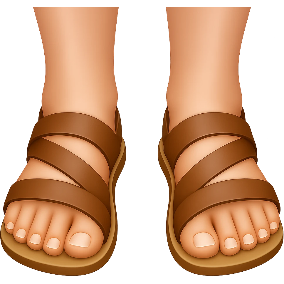 Front view of feet in ancient style sandals, emoji style, transparent background. emoji