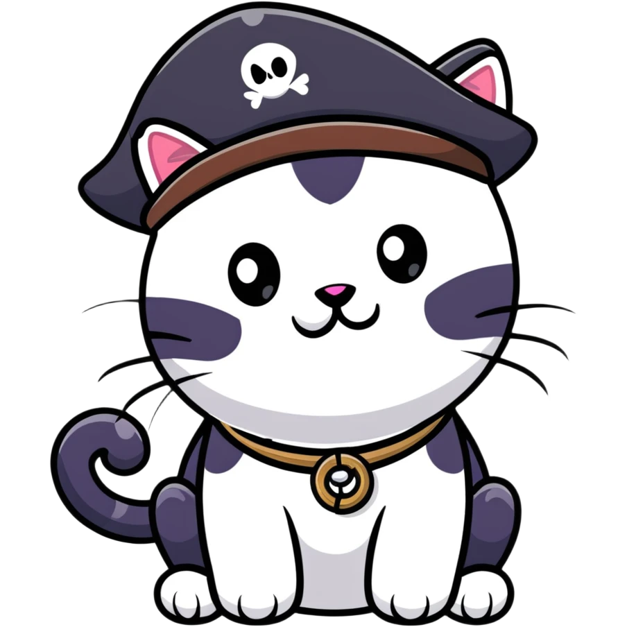 pirate cat with tricorn hat, beads in fur, mischievous expression emoji