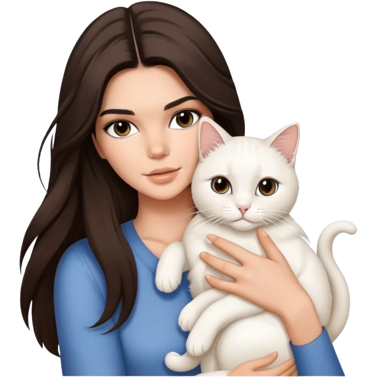 brunette Kendall Jenner with long hair holding on the hands a white cat emoji