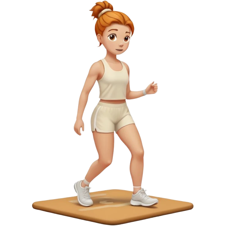 Ginger girl messy bun on walking pad cream gym outfit emoji