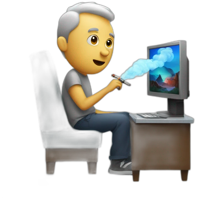 White Man with goatie vaping and watching a movie at his desktop emoji