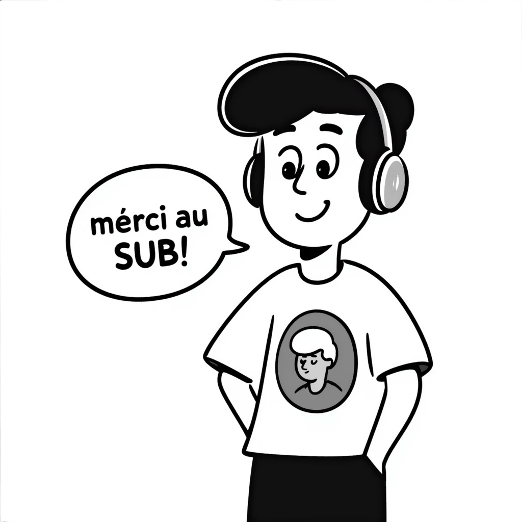 A smiling person with black hair, brown eyes, and a black beard wearing a gaming headset saying "merci au SUB" emoji