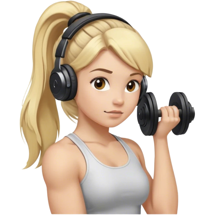 Blonde girl lifting weights, hair in a ponytail with brown beats headphones over ears emoji