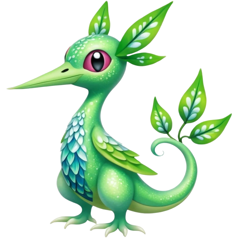 Sparkly White And Green Natural Flowery Colorful Grovyle-Swadloon-Celebi-Fakémon-hybrid-creature (full body)  emoji