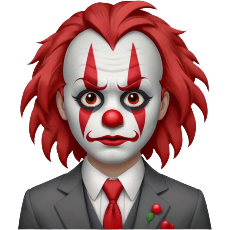 No wig, but long messy brown hair.

White face paint with red clown makeup and a red nose.

Wearing a gray suit with a tie.

Expression is sad and serious, resembling a clown with a more human-like look. emoji