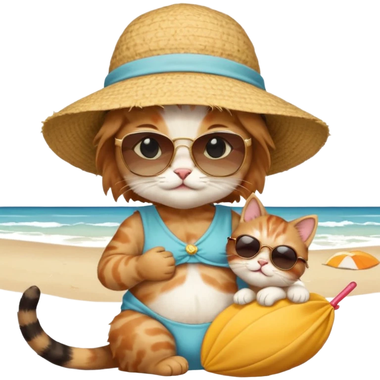A cat carrying a baby centered on a beach emoji