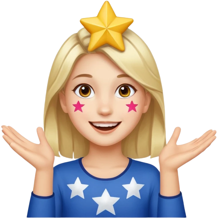 A girl with star-shaped cheek paint, cheering with bright eyes. emoji