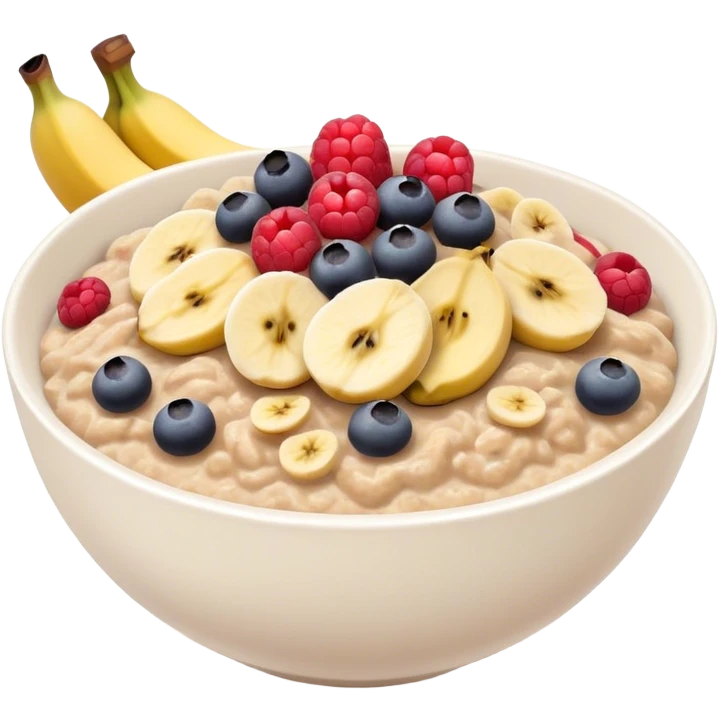 Oatmeal with banana and berries in a white bowl  emoji