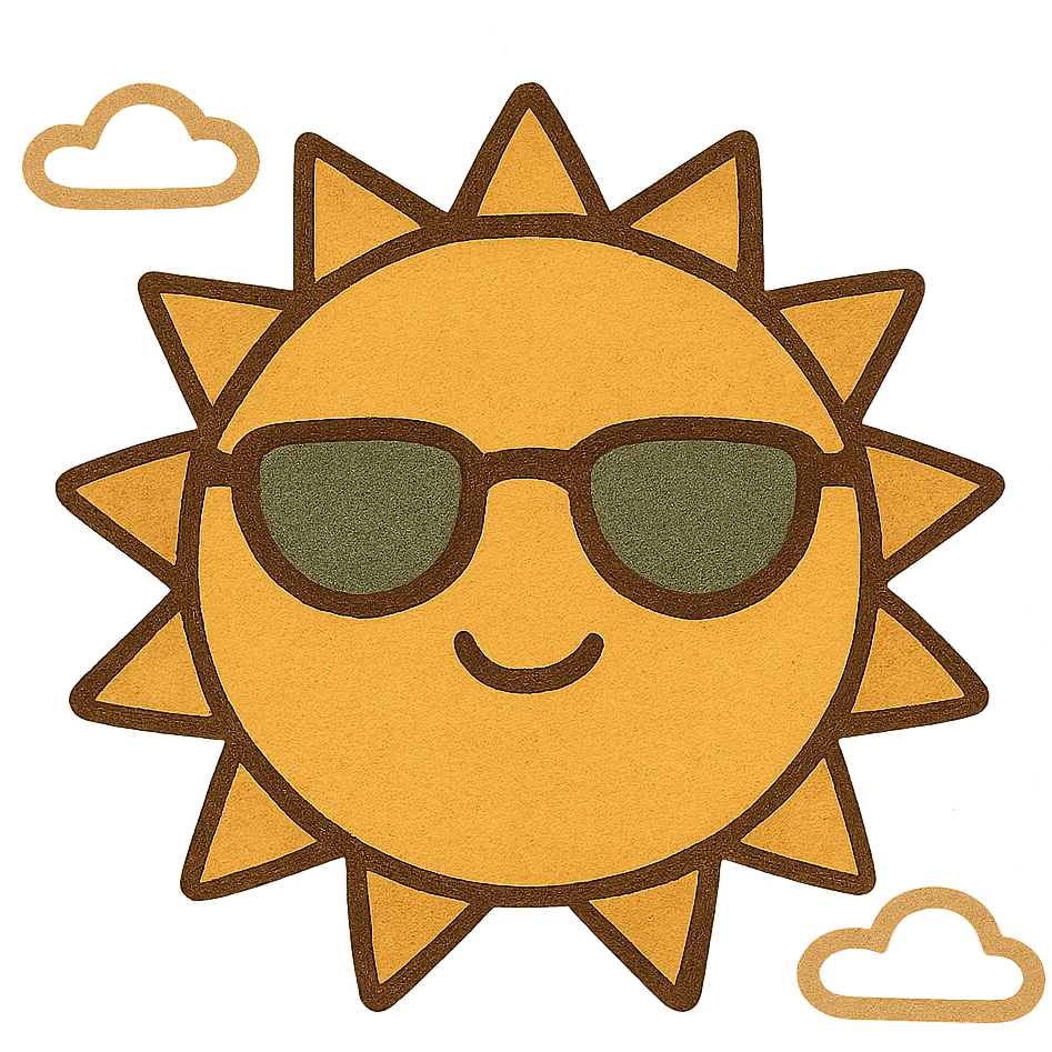 cartoon sun wearing cool shades, flat modern style, bright saturated colors golds greens reds yellows, minimal but expressive, universal look emoji