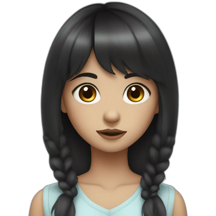 girl with dark brown hair, thick bangs, blue eyes emoji