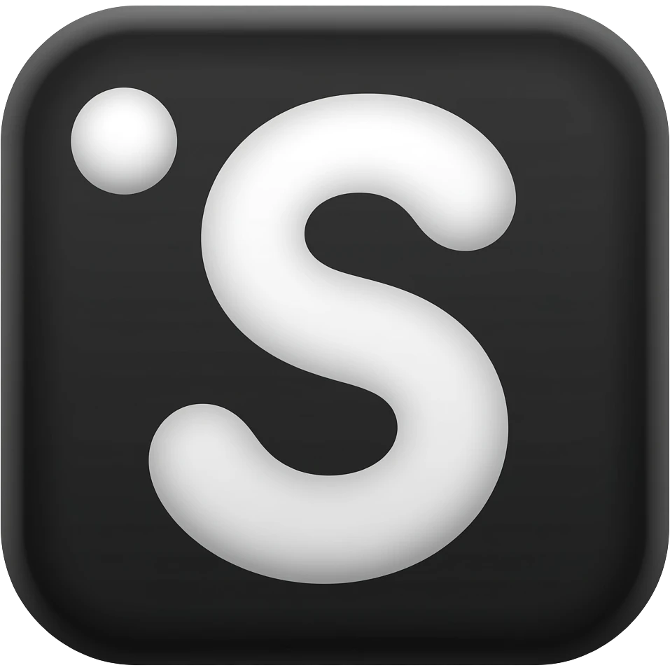 A simple white abstract symbol on a black background, resembling a curved flowing ‘S’ shape with a rounded tail and a small circle floating above the left side, minimalist, smooth edges, modern emoji style, high contrast. emoji