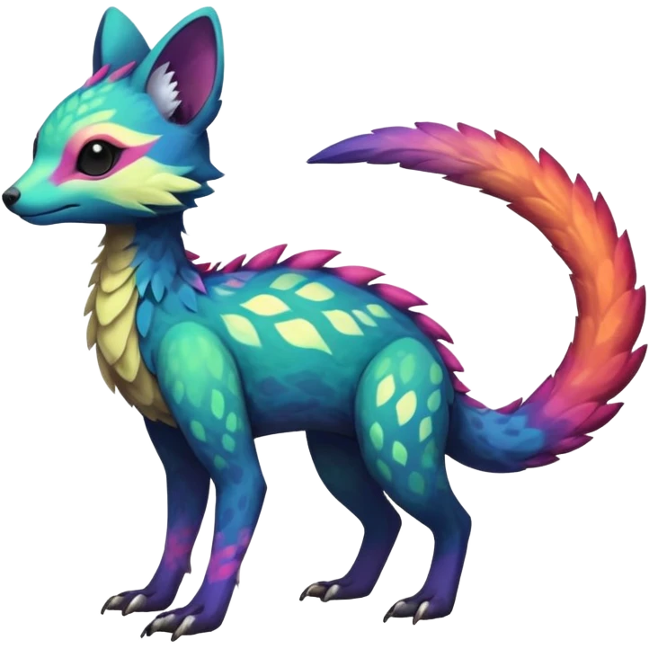 Rare realistic exotic edgy epic pretty beautiful handsome gorgeous aesthetic colorful vibrant Vernid-Trico-species-Fakemon-creature by LiLaiRa, 4 legs, 1 tail, random markings, (full body) emoji