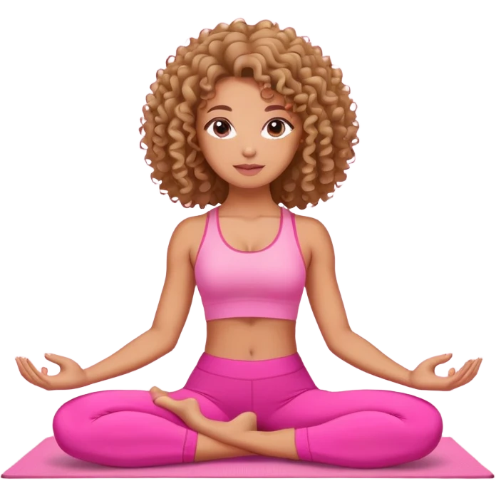 Uma mulher de cabelo cacheado, usando roupa de yoga rosa, em uma posição de yoga bonitinha  emoji