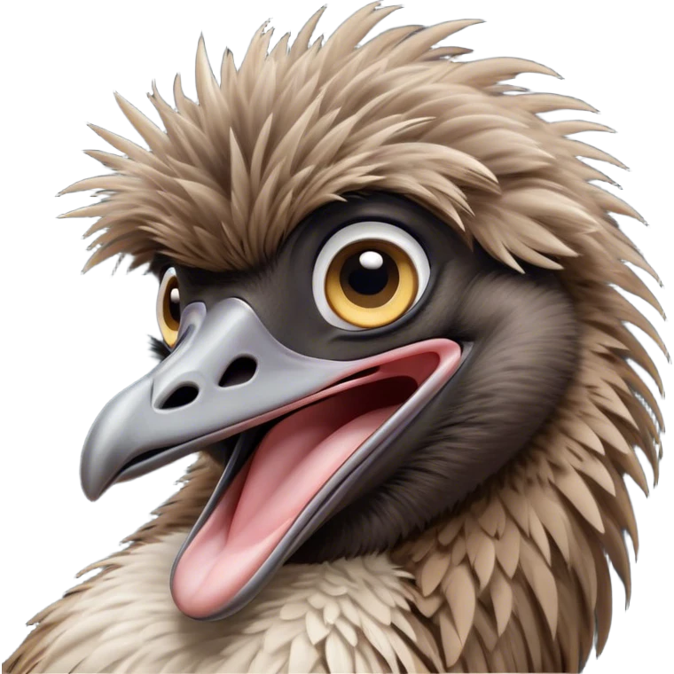 Cinematic Cute Yawning Emu Portrait Emoji, Head tilted slightly with a dramatic, wide-open yawn, showcasing a soft, downy brown plumage with gently drooping feathers and eyes barely open in drowsy contentment, Simplified yet irresistibly adorable features, highly detailed, glowing with a soft, cozy glow, high shine, relaxed yet expressive, stylized with a touch of outback charm, bright and endearing, soft glowing outline, capturing the essence of a sleepy yet affectionate emu, so drowsy it feels like it could stretch out of the screen and curl up for a nap! emoji