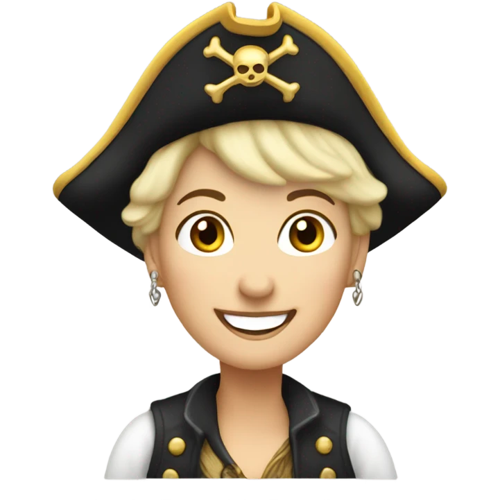smiling older white woman with earrings and short blond hair wearing  pirate hat emoji