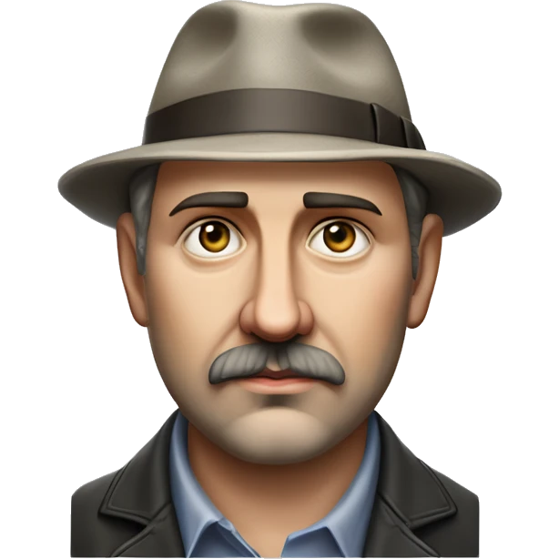 Russian book writer Alexander Kuprin Photorealism A plump serious man of Slavic appearance with Small eyes with goatee beard and mustache, with a  short haircut, big detailed face, wrinkled face, wearing a fedora hat emoji