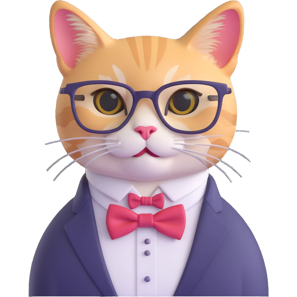 charming cat with bow tie and big glasses, geeky style emoji