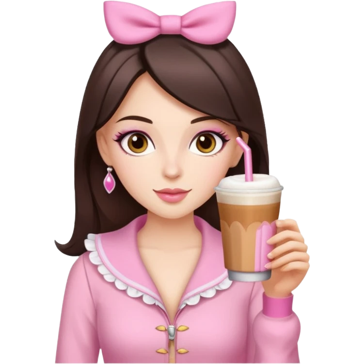 white brunette with brown eyes and a pink coquette outfit, drinking a caramel machiatto emoji