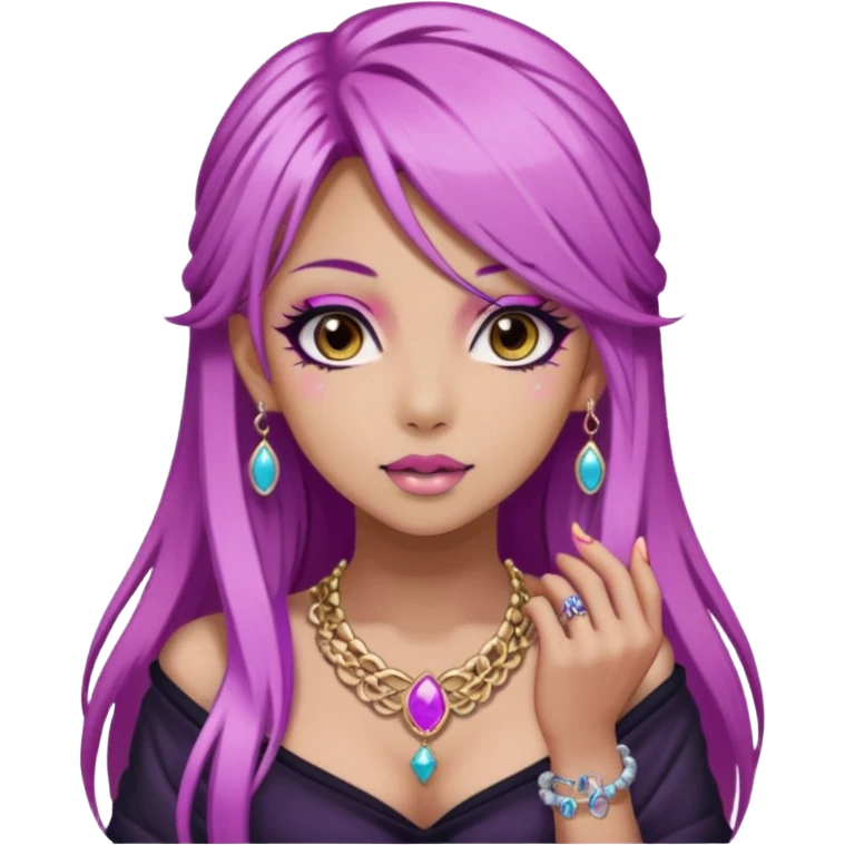 hime gyaru girl with long straight pink and purple hair, tattoos, dark makeup emoji